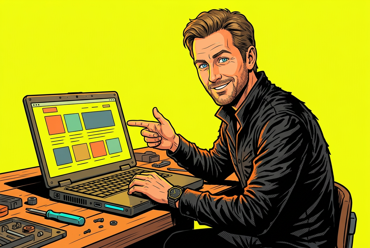 Sebastian erklärt am Laptop einen Website-Check im Comic-Stil